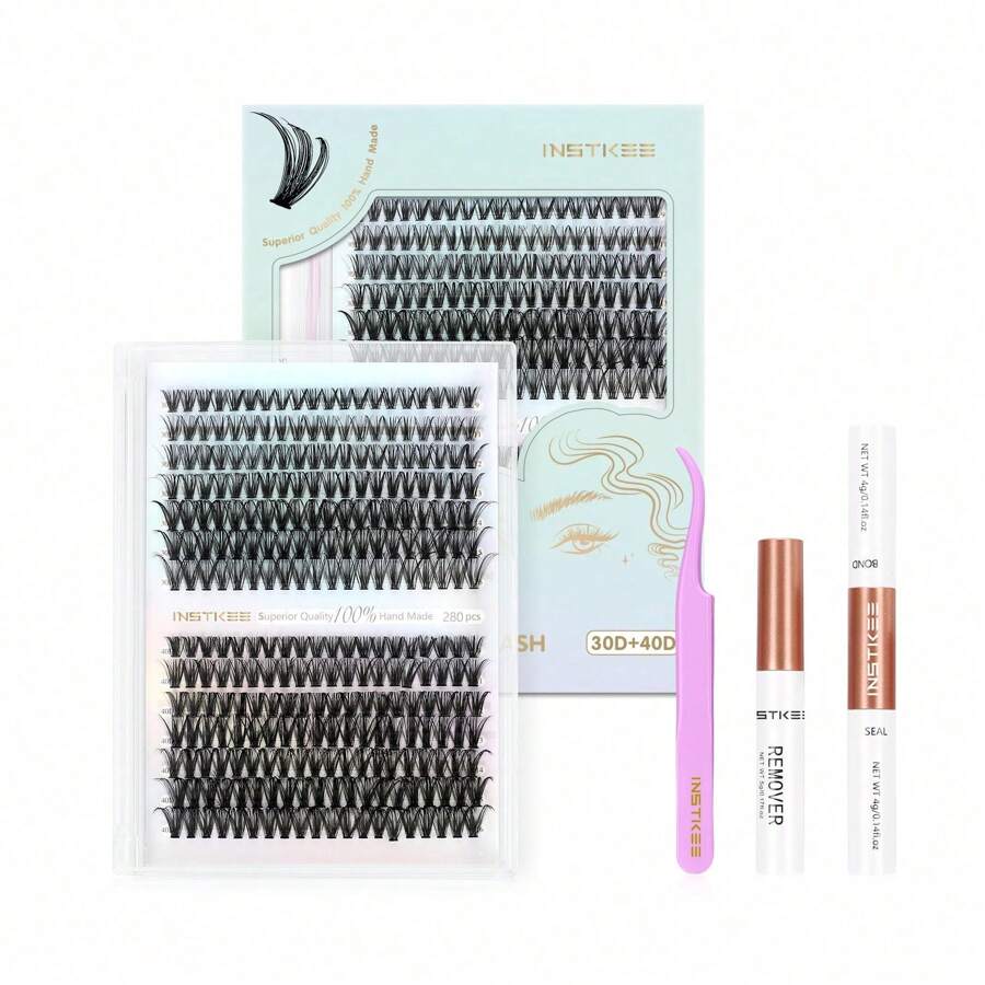 INSTKEE 30D+40D Cluster Self-Grafting False Eyelashes Set, 240pcs Natural Style False Eyelashes Set, Mixed Length 9-16mm, D Curl False Eyelashes With False Eyelash Glue Tweezers, Remover And Grafting Tools, Suitable For Beginners,Back To School