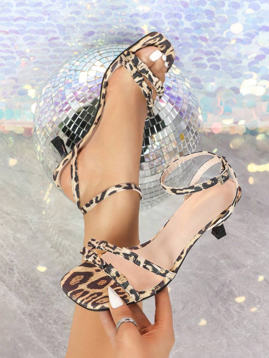 Women Sexy Leopard Print High Heel Sandals, Bowknot Kitten Heel Sandals, Simple Slippers 6CM Wine Glass Heel Buckle Sandals, Comfortable & Fashionable