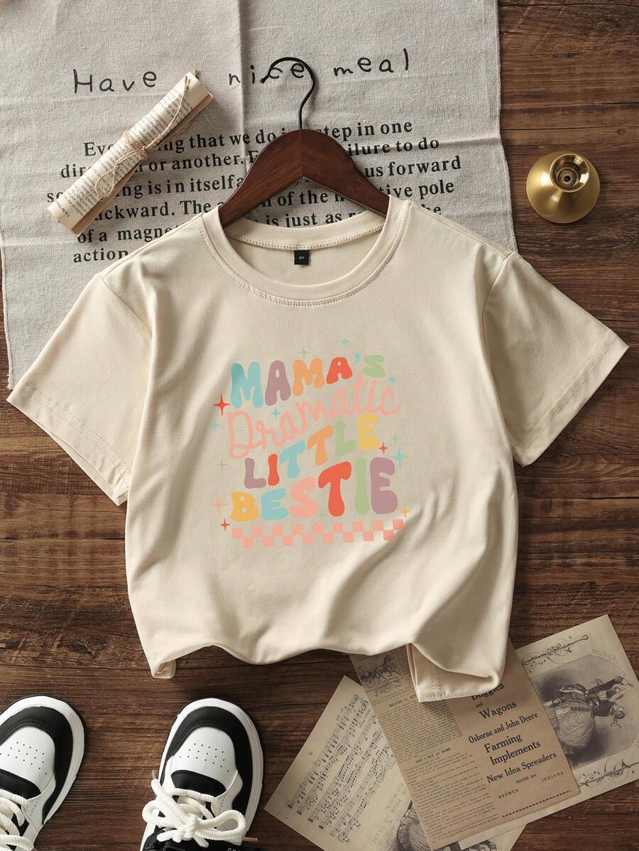 Camiseta de manga corta de cuello redondo casual con estampado para niñas y adolescentes estudiantes, top de verano