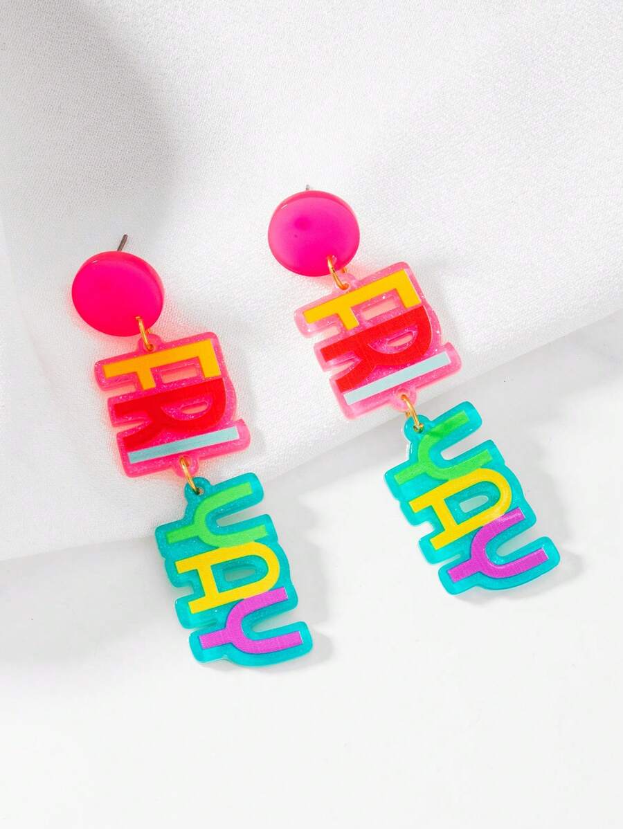 1 par de pendientes de aro con letras coloridas a la moda, adecuados para usar en la escuela