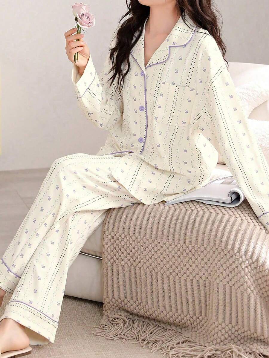 AICJ 2pcs Casual Loose Striped Print Long Sleeve Top And Pants Sleepwear Homewear Loungewear Set, Spring/Fall/Winter,Two Pieces Set