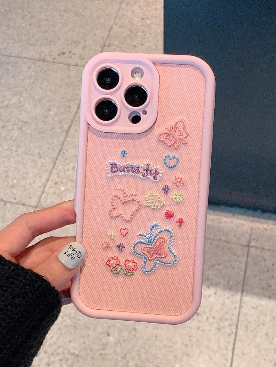 Funda antichoque para teléfono con bordado creativo de flor con forma de corazón y lazo, compatible con Apple y otros smartphones
