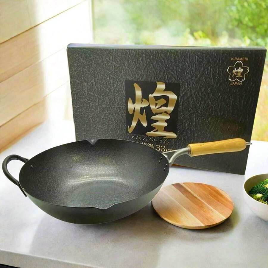 Premium 33cm Japanese Cast Iron Double Fiber Line Wok For Stir-Frying - Durable, Non-Stick Cooking Essential