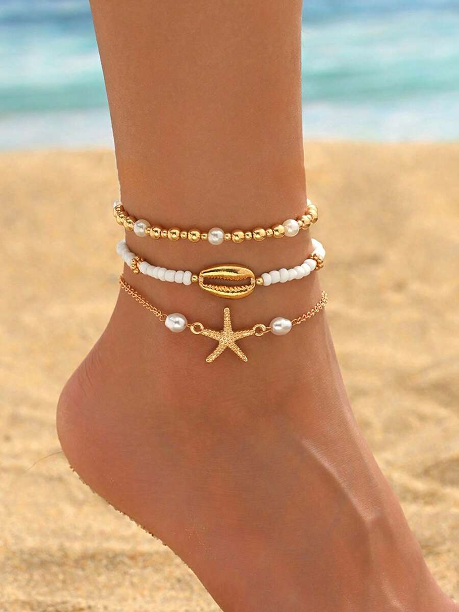 3pcs/Set Summer Beach Style Alloy Starfish Shell Stacking Bead Glass Material Women's Ankle Chain Set