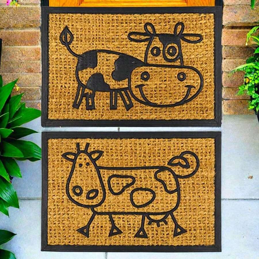 Coir Front Door Mat - Stylish Cursive Design Natural Coconut Fiber Entryway Doormat For Outdoor Use - Set Of 2 - Durable & -Friendly Floor Mats