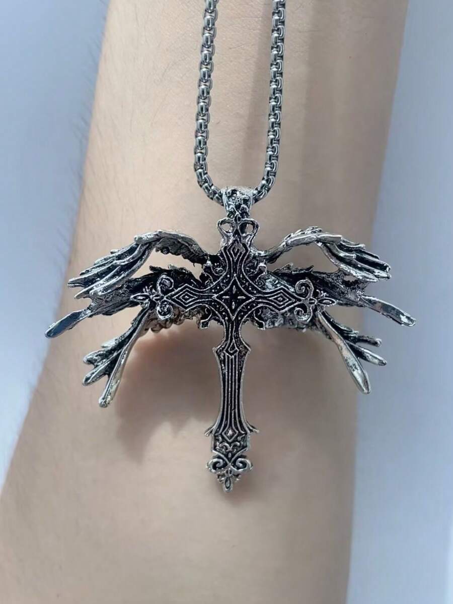 Collar de hombre con alas de ángel góticas punk y cruz de espada sagrada