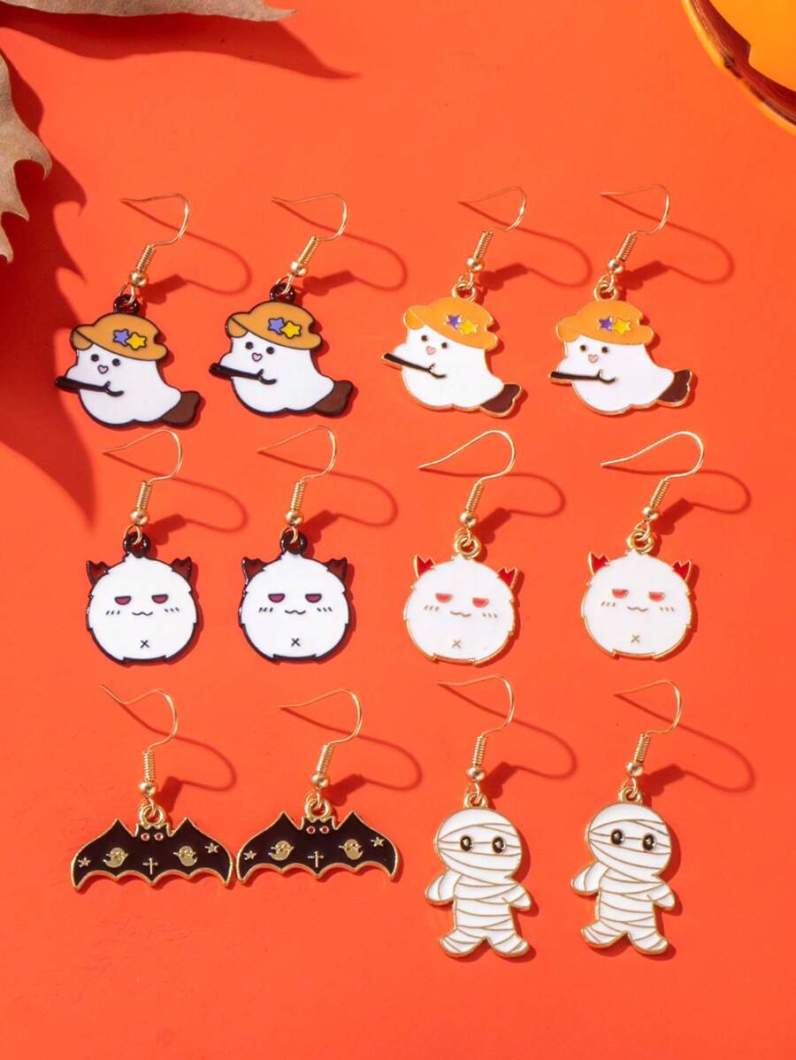 1 par/6 pares de pendientes novedosos y de moda con diseños de gato, murciélago, momia y escoba de bruja para mujeres, regalos de fiesta de Halloween para amigos