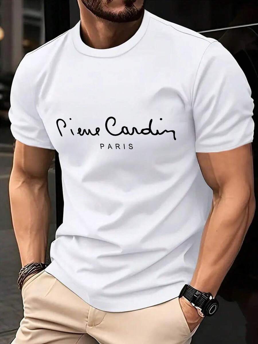 Maglietta estiva da uomo in misto cotone, casual a girocollo, tessuto a maglia con microstretching, design stampato, vestibilità regular, t-shirt a maniche corte traspirante per abbigliamento casual
