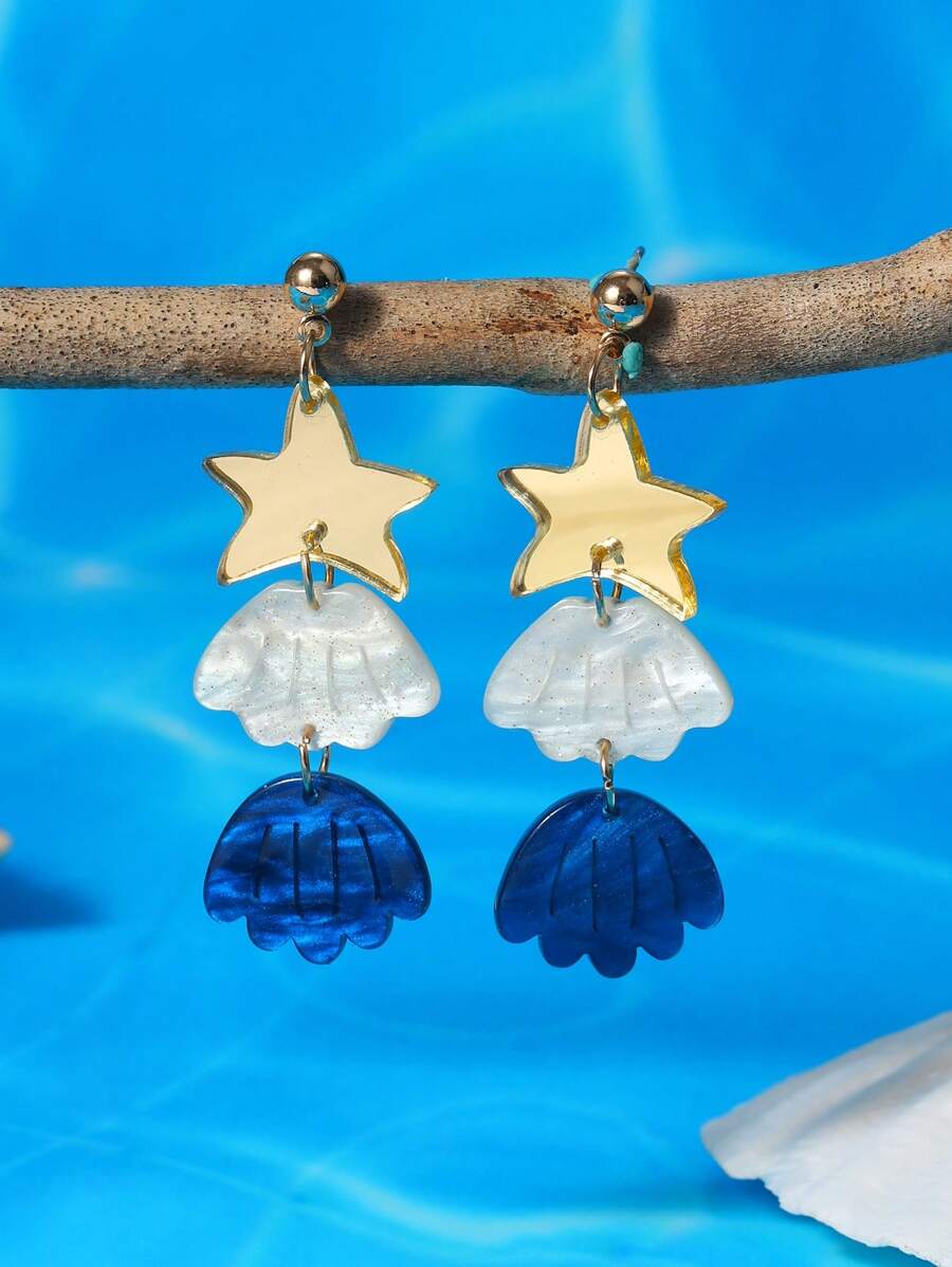 1Pair Summer Beach Vacation Ocean Elements Style Starfish Carving Patterns Shell Drop Earrings For Women Girls Accessories Jewelry