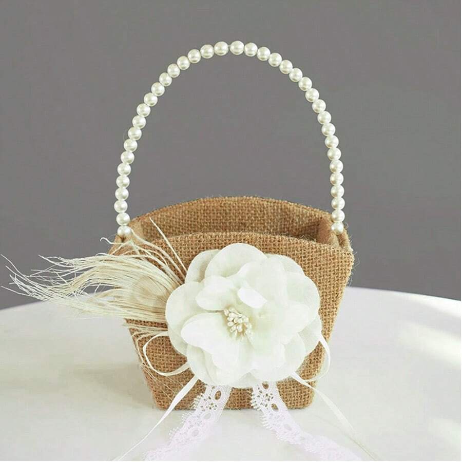 Canasta de flores para niña de las flores de boda, canasta clásica de arpillera con asa de perla