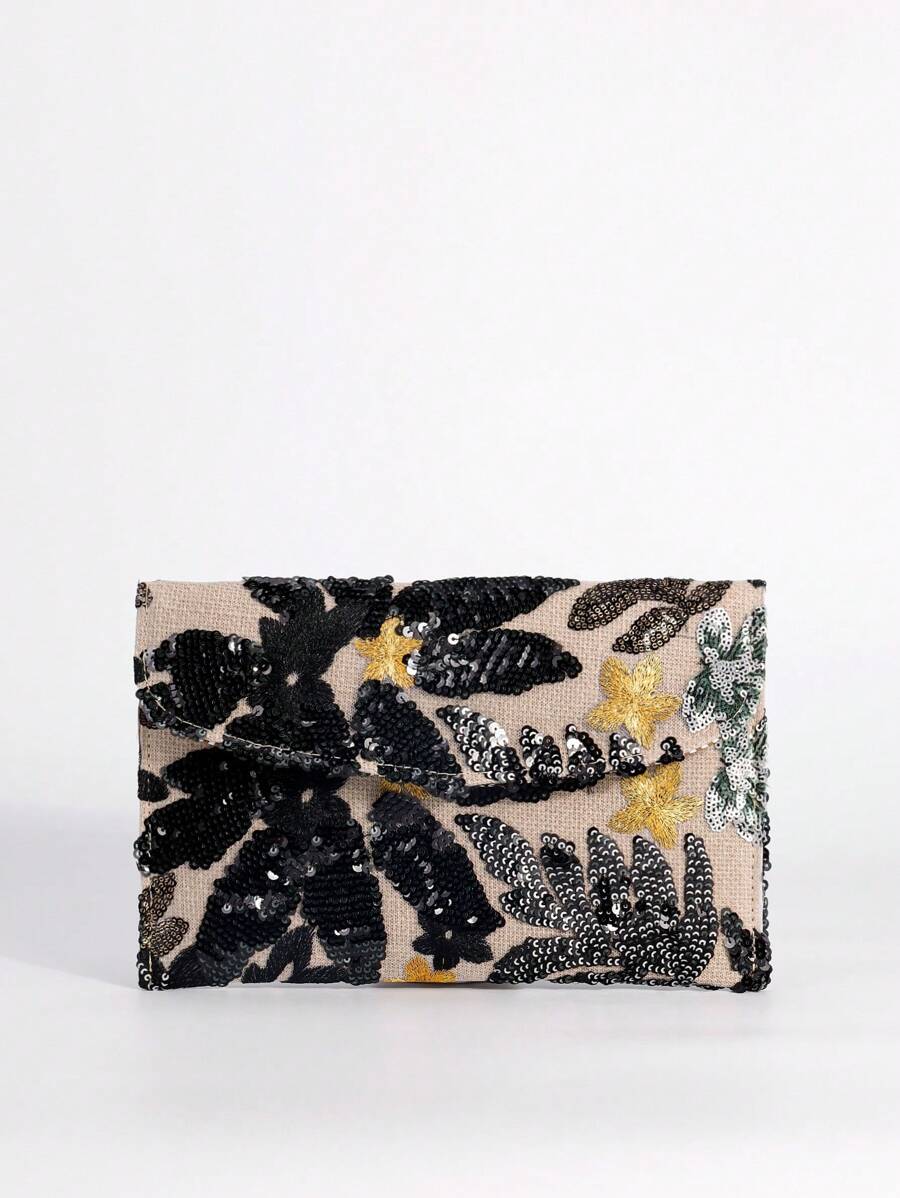 Bolso de mano/clutch de mujer con bordados de lentejuelas, diseño de contraste de costura, elegante y versátil, adecuado para fiestas, bodas, compras, citas, regalos de vacaciones (patrones cortados al azar)