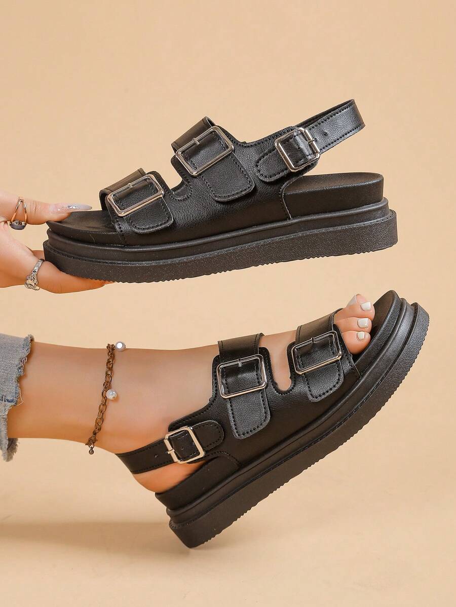 Women's Flat Sandals, New Thick Sole Black Sandals, Roman Style Non-Slip Versatile Fashion Sandals, Summer Casual Beach Sandals