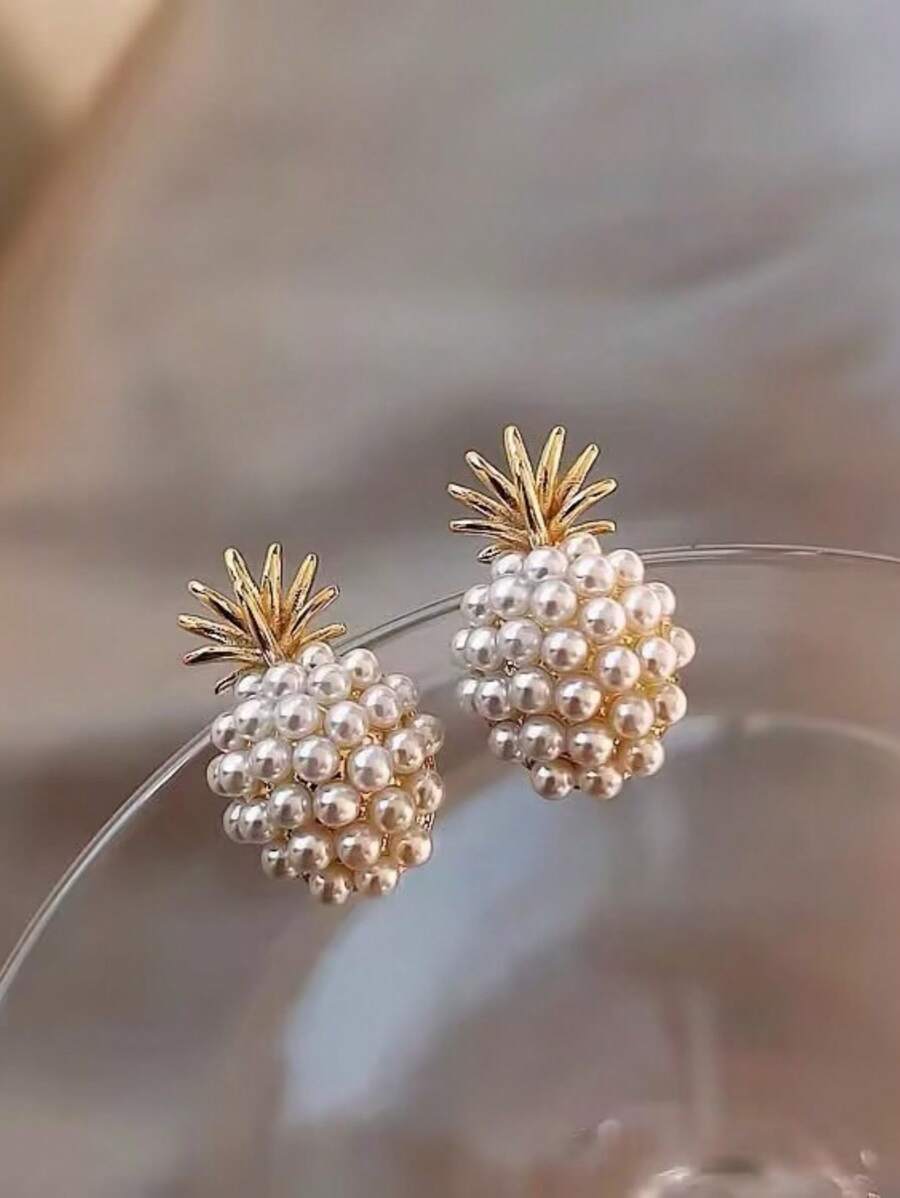 1 Pair Pearl Pineapple Fruit Stud Earrings, Minimalist Fresh Chic Style Earrings For Women