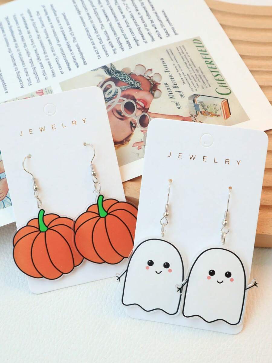 1 Pair Cute Halloween Acrylic White Ghost & Pumpkin Funny Earrings, Suitable For Women, Holiday Gift Earrings