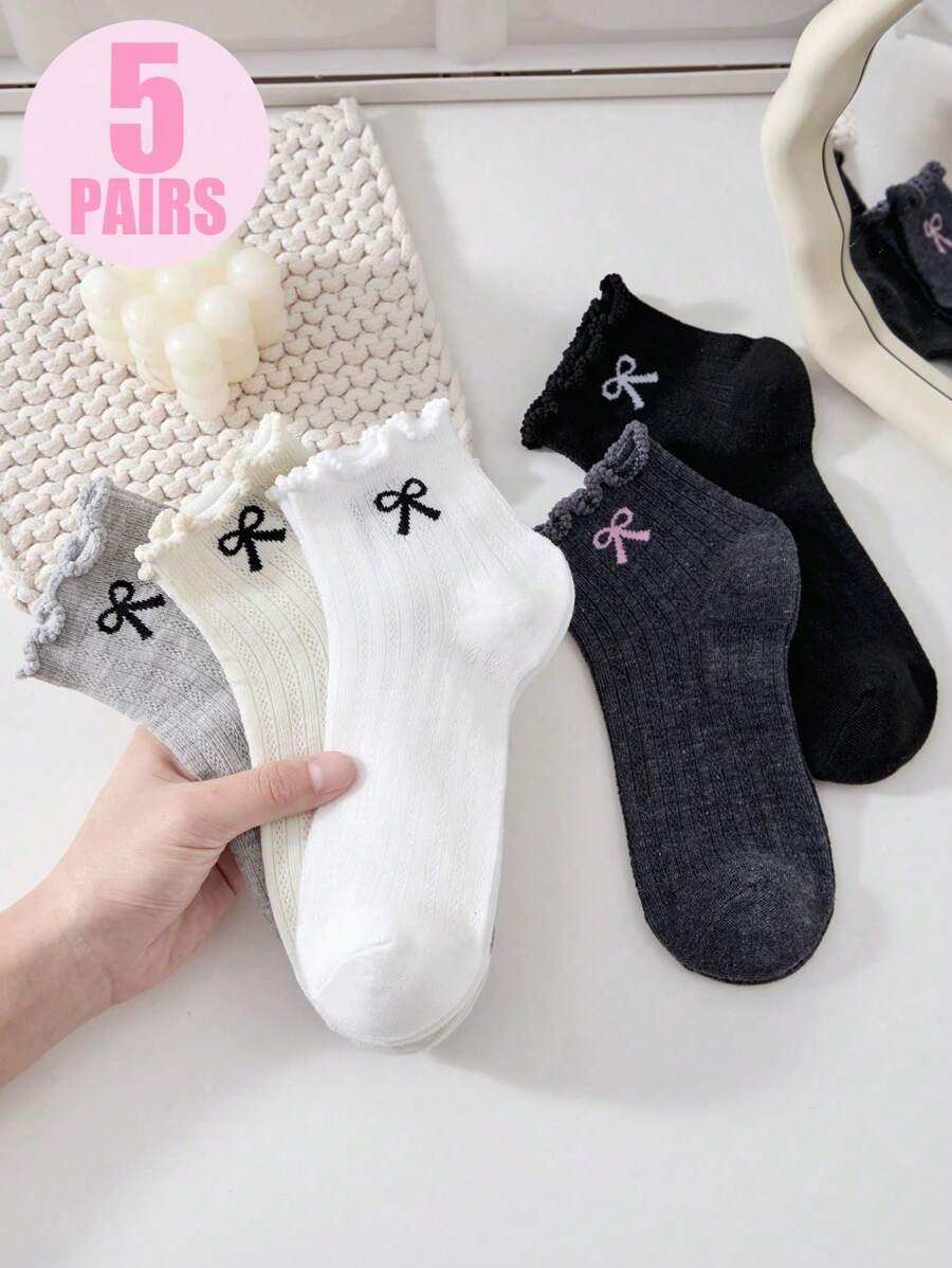 5 Pairs Women Frilly Edge Bow Patterned Ankle Socks - Cute Cartoon Design, Multi-Color Bow Comfortable Soft Casual Sport Travel Versatile Socks, Minimalist Style For Daily Wear