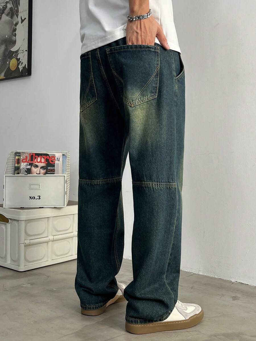 Jeans rectos holgados con lavado vintage para hombres, de moda y versátiles
