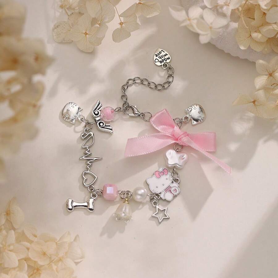 Sanrio (Authorized)1pc Sanrio Hello Kitty Bracelet,1pc Pink Bowknot Hello Kitty Pendant Silvery Chain Bracelet,Suitable For Woman Daily Wear