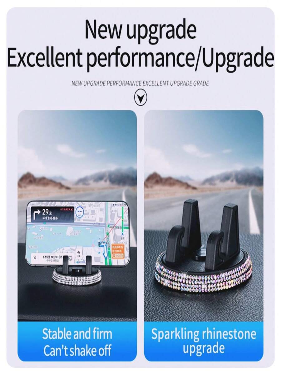 1 Pieza Soporte para teléfono móvil de coche con diamante brillante, adecuado para uso horizontal y vertical, con material de PVC para instalación en el tablero. El tablero se sujeta de forma segura con diseño antivibración y antideslizante, lo que permite girar 360 grados. Es compatible con todos los modelos de vehículos y agrega brillo al interior de su vehículo.