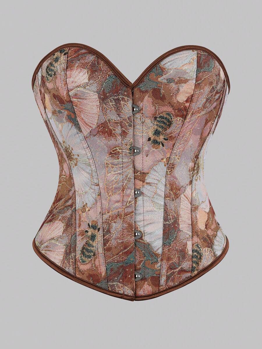 1pc Women Vintage Palace Style Stretchy Corset Top, Bee Jacquard Corset, New Boned Bandeau Crop Top For Special Occasions, Spring
