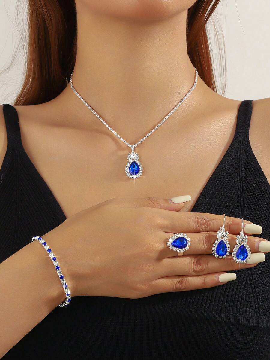Set de joyería de 5 piezas de estilo de lujo, que incluye collar, pulsera, anillo y aretes, con múltiples colores disponibles, accesorios de moda para mujer
