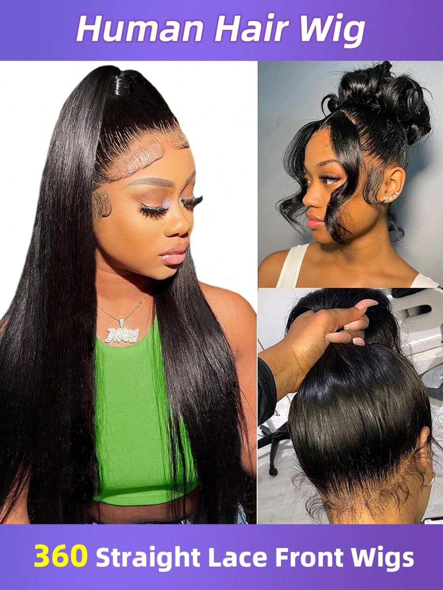 Peruca de Renda Completa 360° Reta Frente de Renda Cabelo Humano 180% de Densidade para Mulheres, Cor Preta, Peruca Frontal de Renda de Cabelo Humano Pré-Desfiada, Cor Natural de Cabelo Humano