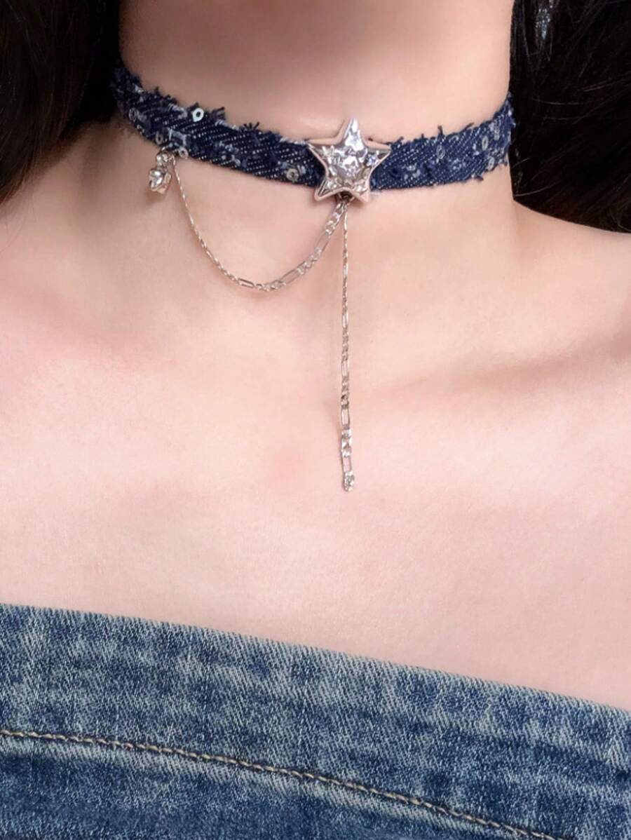 New Fashion Jewelry Denim Choker, Star Tassel Pendant Necklace, Heart Collarbone Chain For Women