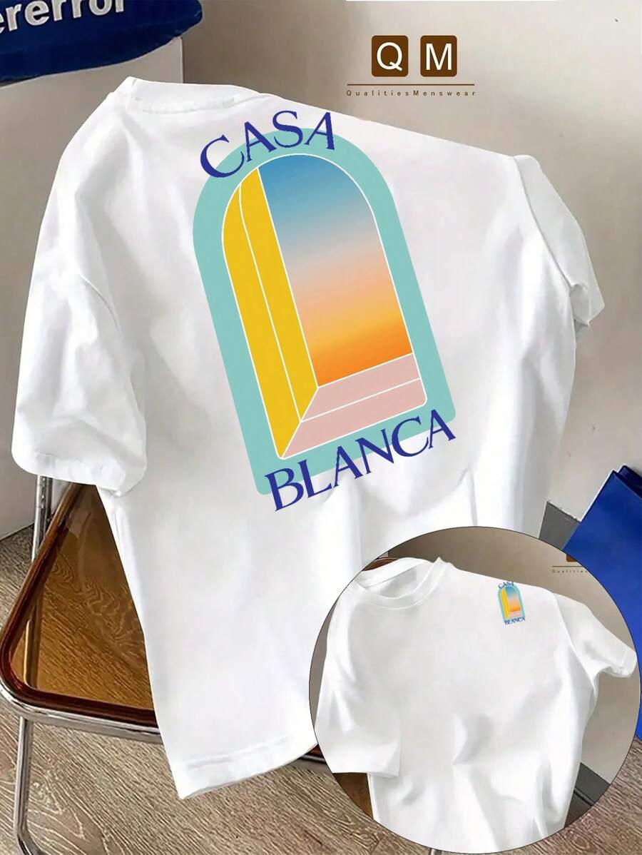 Camiseta informal "CASA BLANCA" para hombre - Estampado de letras "Casa Blanca", manga corta, corte regular, material resistente y lavable a máquina, cómoda para todas las estaciones, estilo relajado, para diario | Camiseta de corte relajado | Camiseta cómoda