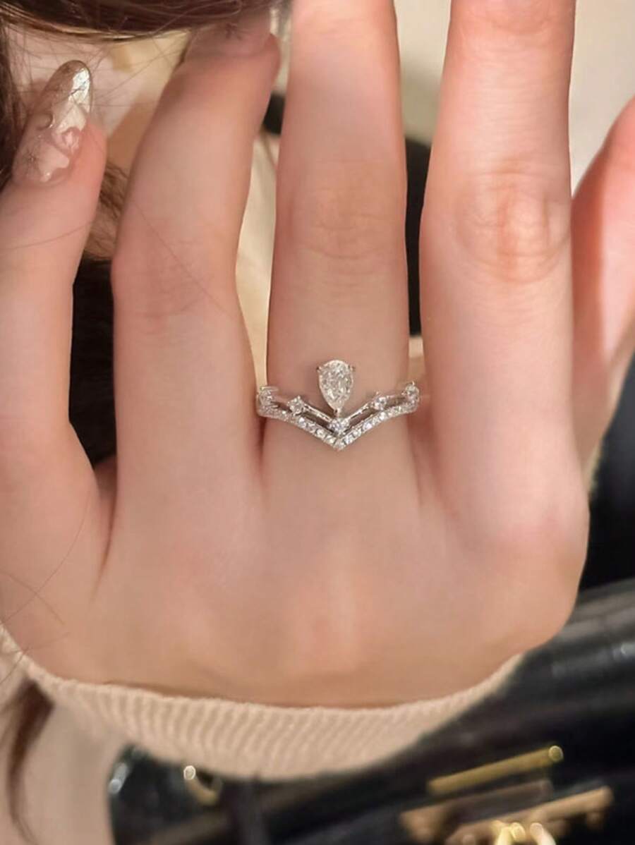 Sanrio 1PC Adjustable V-Shaped Drill Crown Drop Zirconia Ring - Luxe Vintage Elegance, Perfect For Daily Wear & Valentine's Day Gift For Her