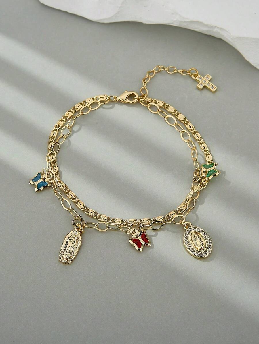 1 Peça Estilo Europeu & Americano Simples Dourado Sagrado Clássico Cruz Virgem Maria Cubic Zircônia Colorido Cristal Forma de Borboleta Tag Pulseira, Presente Ideal para Amantes, Amigos e Parentes, Uso Diário e Festivo Oração Dia dos Namorados