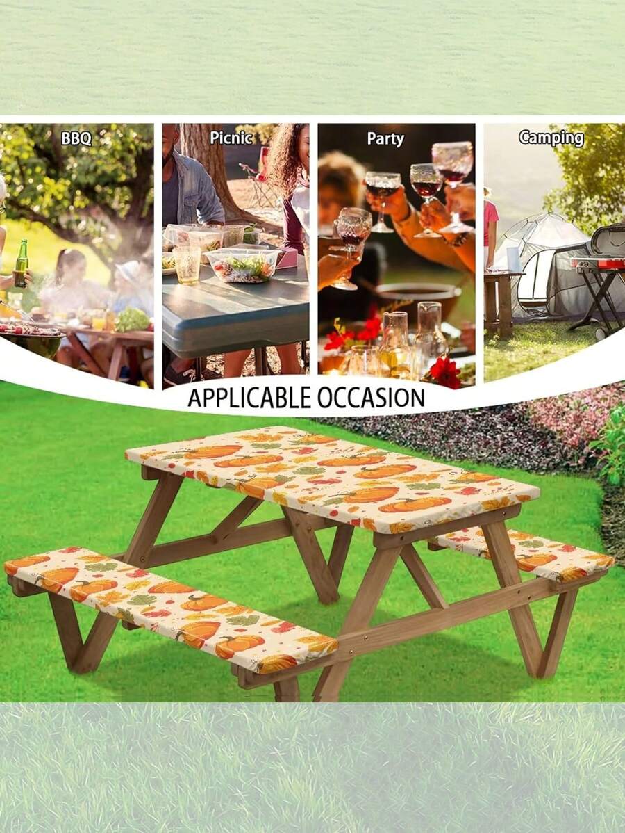 3 Piecesset Picnic Table Cover & Bench Covers - Pumpkin Sunflower Leaves Fall Maple Leaves Fitted Camping Tablecloth With Elastic Edges, Outdoor Waterproof Rectangle Table Cloth, 72x30Inch