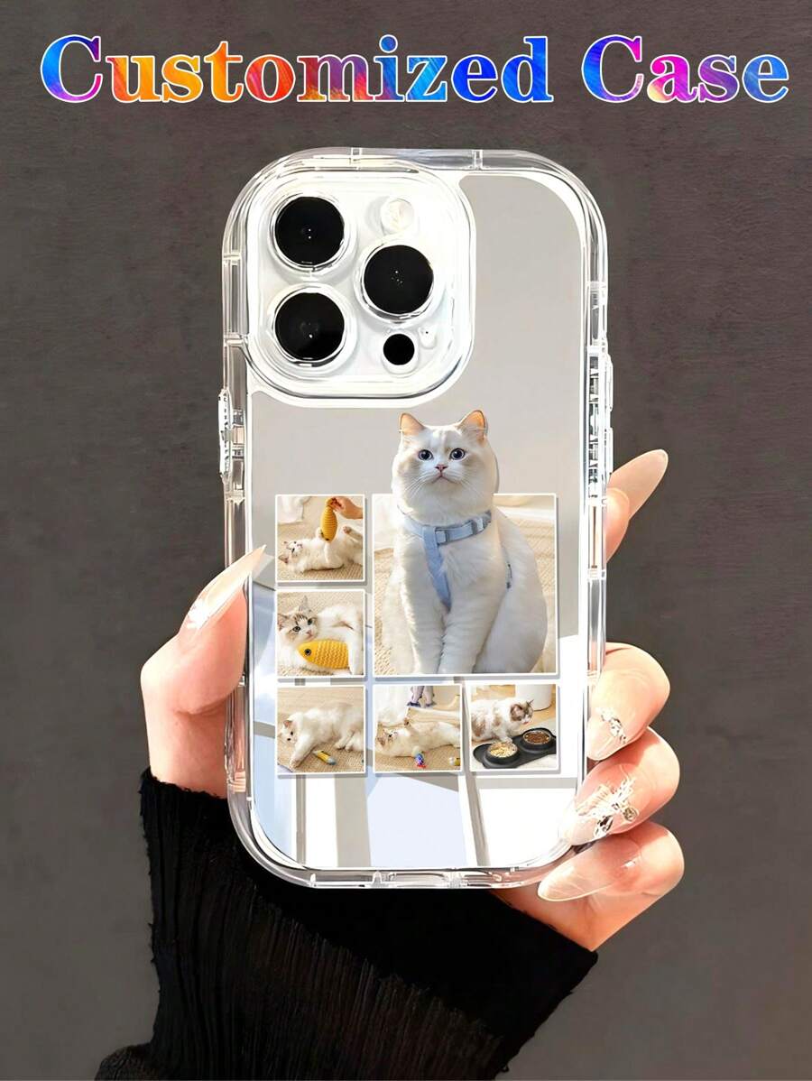 1 pieza Funda personalizada para teléfono con espejo reflectante y silueta recortada de retrato y mascota compatible con iPhone 11 12 13 14 15 16 Pro Max