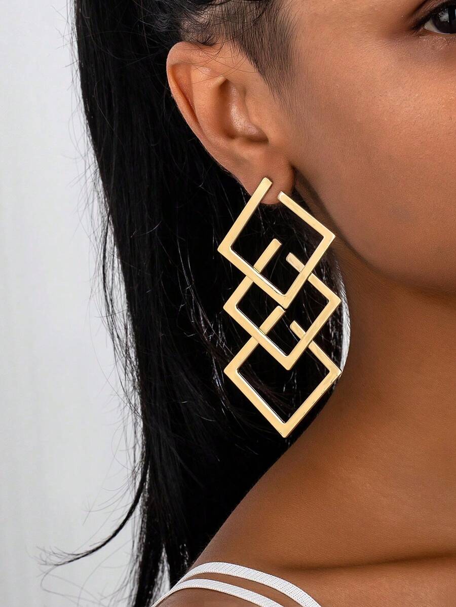 1 par de pendientes con colgante geométrico hueco cuadrado, estilo retro exagerado para mujeres