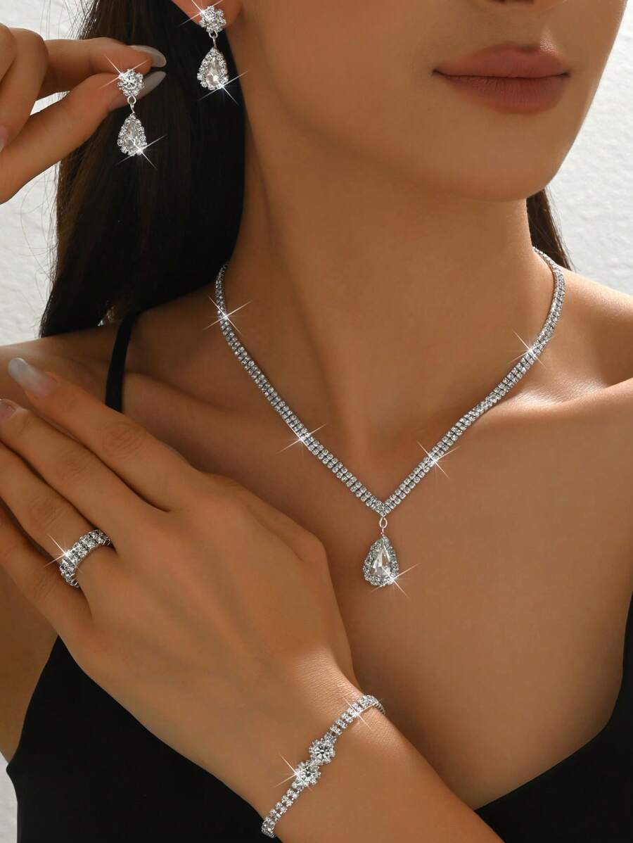 5 Stück/Set Blumenmuster Braut Schmuckset inklusive Halskette, Ohrringe, Armband, Ring - Eleganter und modischer Stil, tolles Geschenk für Frauen