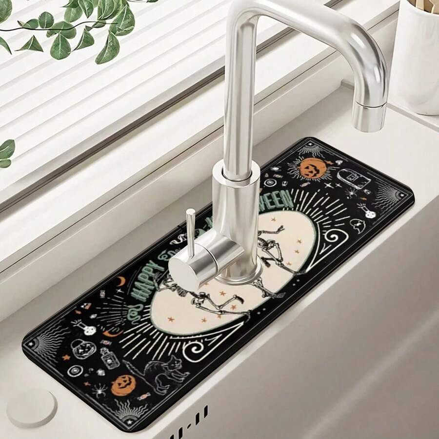 1 Stück Halloween Themen Küchen- & Badezimmer Saugfähige Matte - Kürbiskopf, Schädel und Geist Design, Armaturensplitterschutz und Abflussablage, hergestellt aus schnell trocknendem Diatomeenerde, Badezimmer Deko Matte | Verspieltes Design | Schnell trocknendes Material