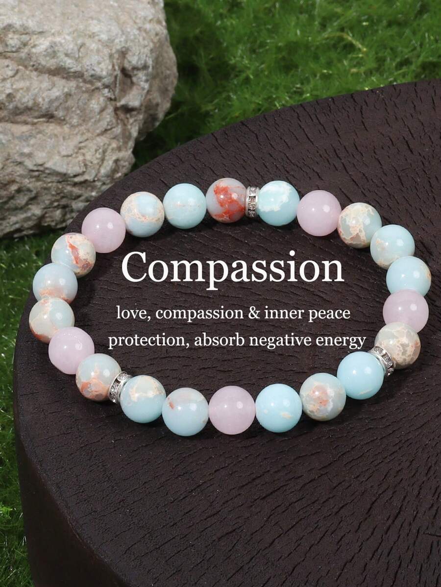 YAUKIA 1pc Compassion Healing Crystal Bracelet, Natural Imperial Jasper And Rose Quartz Gemstone Bracelet, Protection And Absorb Negative Energy Jewelry Gift