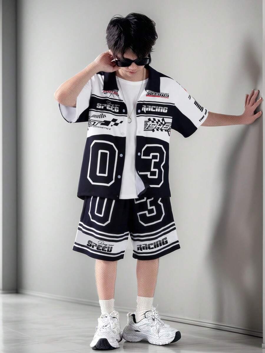 2pcs/Set Pre-Teen Boys Outdoor Chic Street Racing Style Polo Shirt & Shorts Set, Spring/Summer