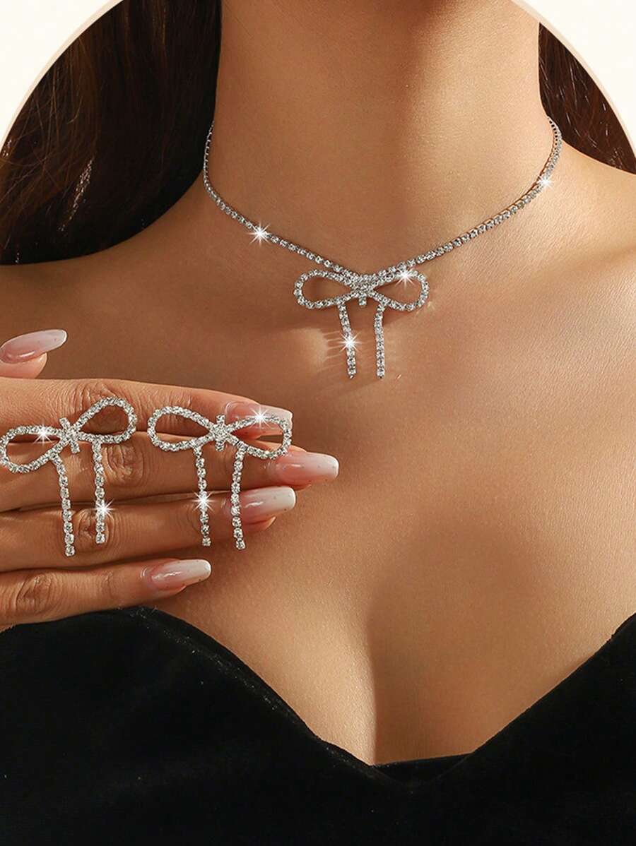 3 pezzi Set di collana girocollo e orecchini con fiocco di cristallo e strass per donne, orecchini a fiocco in argento e zirconia luccicanti per spose, matrimoni, feste e accessori eleganti per San Valentino