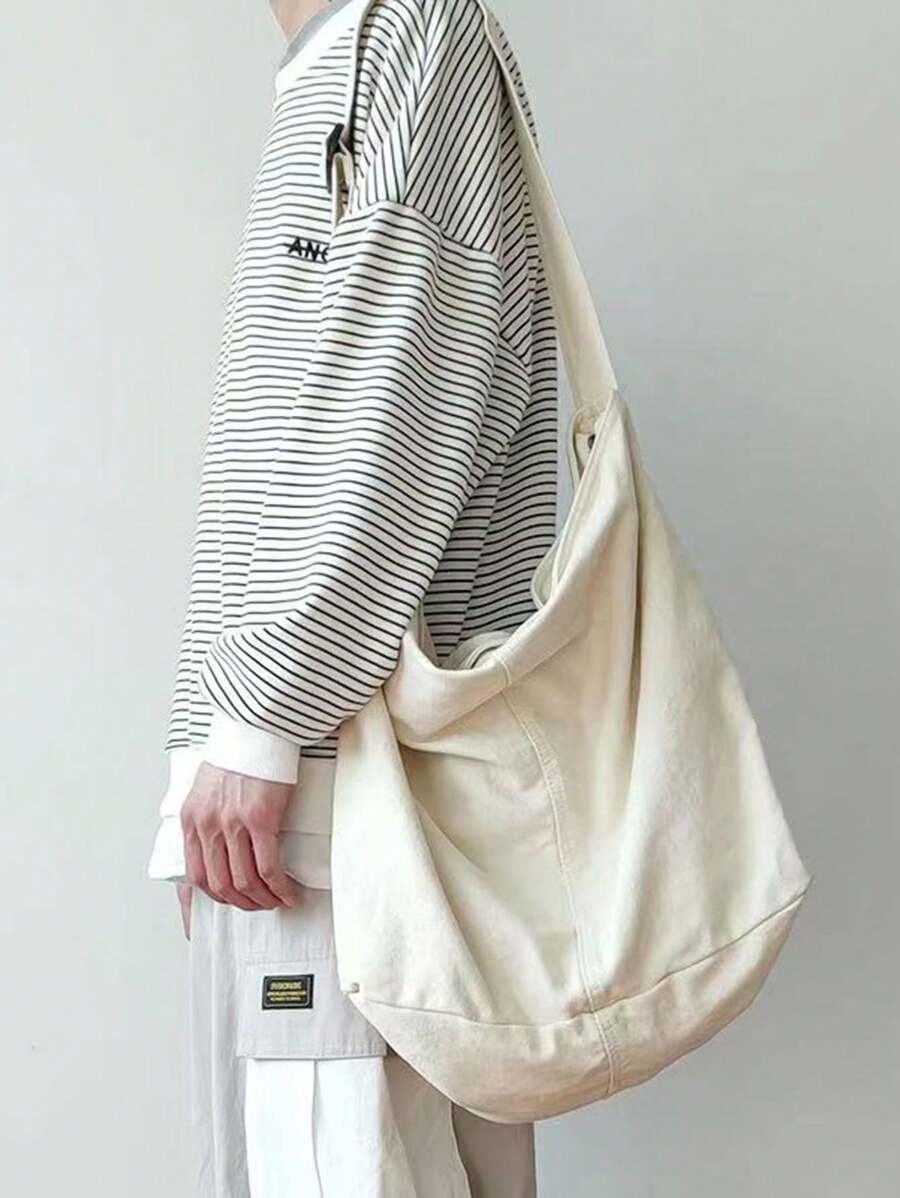 Original Minimalist Japanese Style Men's Shoulder Bag, Solid Color Large Capacity Messenger Bag, Classic Student Schoolbag Canvas Backpack