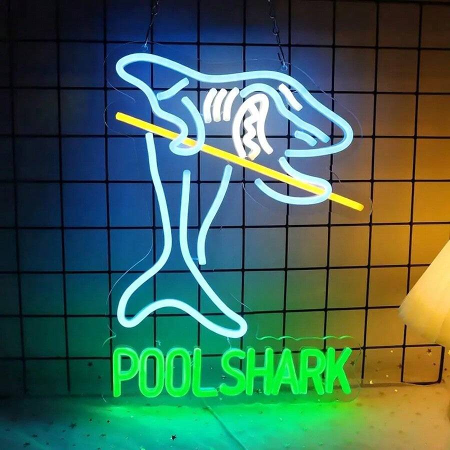 Polished Metal Finish Neon Sign - Pool Shark Billiards Game Room Wall Decor, USB Powered, Switch Controlled, Plastic, Azure & Green Light For Pub, Club, Garage – Multipurpose Hanging Neon Bar Light