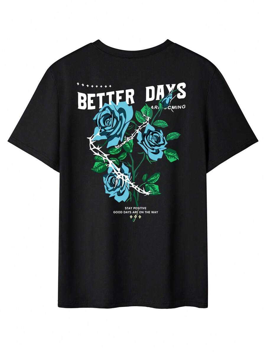 Camiseta casual de manga corta con cuello redondo para hombre con estampado de letras y personajes de dibujos animados