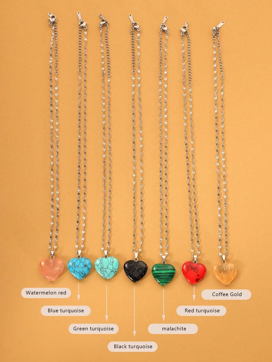 1 pieza Collar con colgante de corazón elegante de moda natural Turquoise, cadena de labios de acero inoxidable 316L, regalo de amor para pareja, adecuado para uso casual en vacaciones de playa de mujeres, joyería de regreso a la escuela