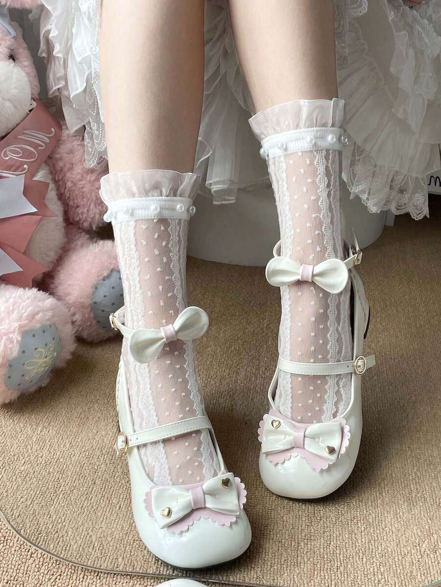 1 par de calcetines a rayas verticales con encaje y perlas decorativas, estilo japonés, para mujer