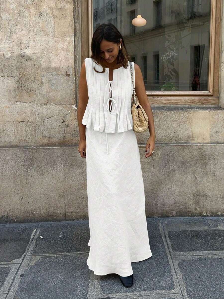 Conjunto de 2 piezas con top corto plisado con lazo y cuello redondo informal, y falda larga de cola de sirena de cintura baja - conjunto top sin mangas y falda fluida y transparente, traje de playa sexy de verano con blusa con lazo