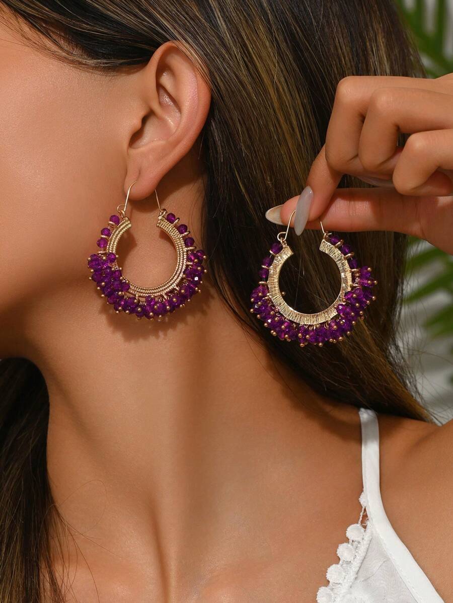 1 Pair Bohemian Style Party Earrings, Elegant Geometric Colorful Crystal Design Suitable For Various Banquets, Parties, Gatherings And Formal Dress Accessories