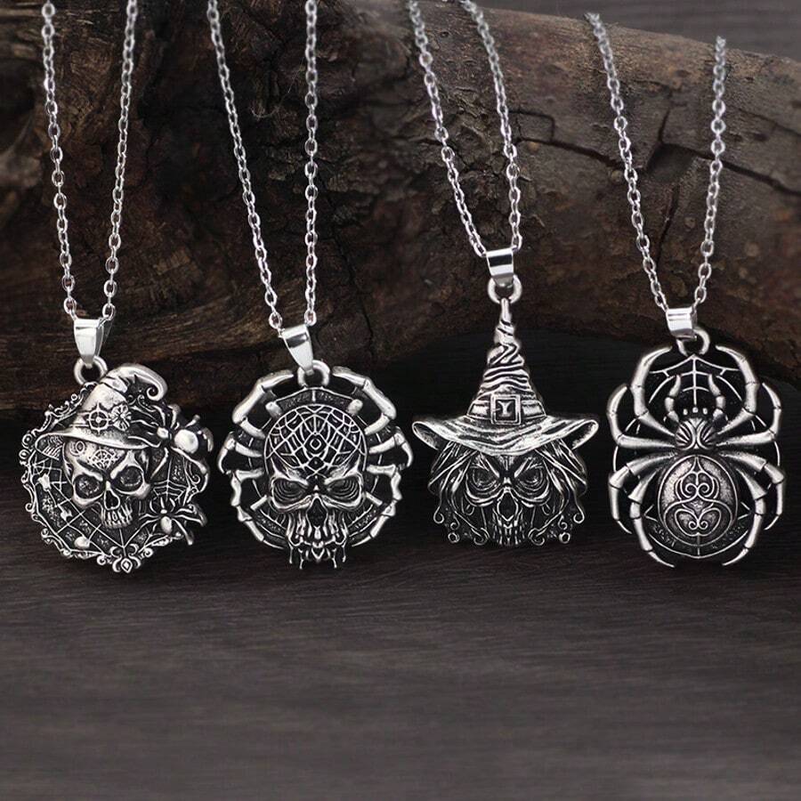 GuoShuang 4pcs Retro Men's Necklace Gothic Rock Skull Halloween Retro Necklace Jewelry Gift