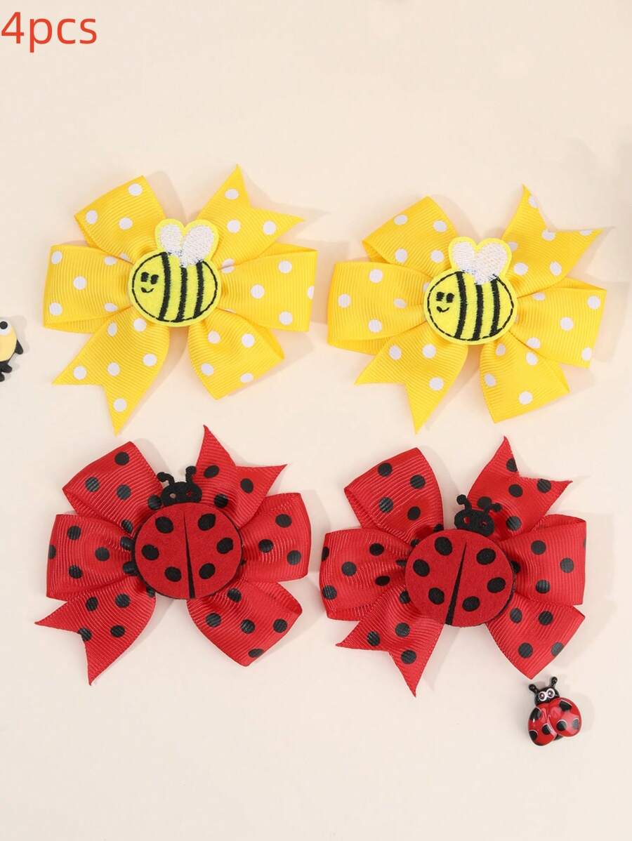 Set de 4 clips para el cabello con forma de lazo en amarillo y rojo para niñas, accesorios de tela con forma de abeja y mariquita, pasadores con clip de caimán como accesorios para el cabello para adolescentes de uso diario