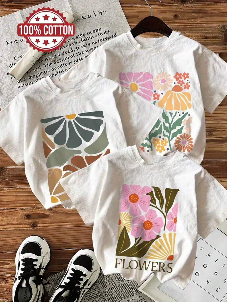 Nuovo completo estivo a tre pezzi, stile casual da strada, t-shirt oversize in cotone con scollo tondo e maniche corte, stampa floreale, top bianco