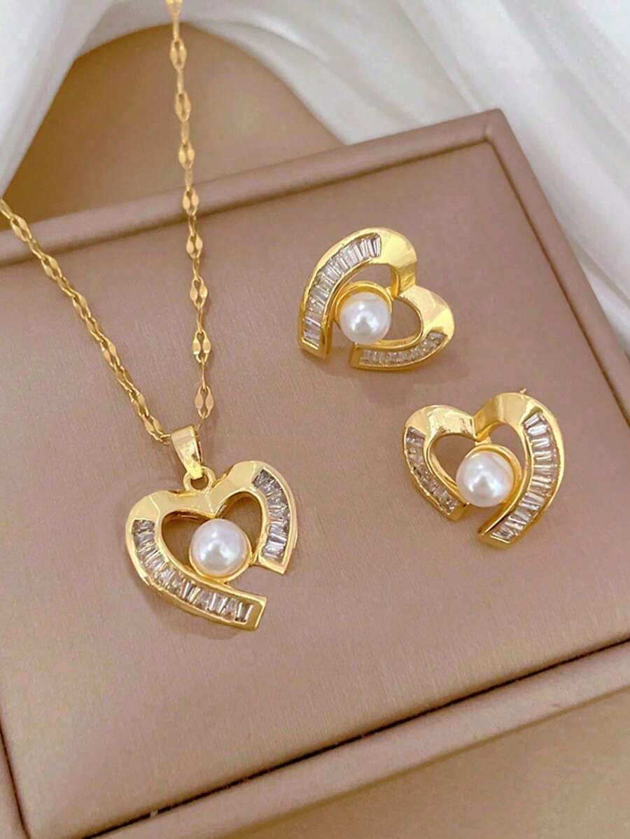 1pc Stainless Steel Chain & Teardrop Green Zirconia Micro-Paved Necklace, Earrings Jewelry Set, Lightweight Luxury Personalized Earrings & Necklace Combo. No Gift Box Included.