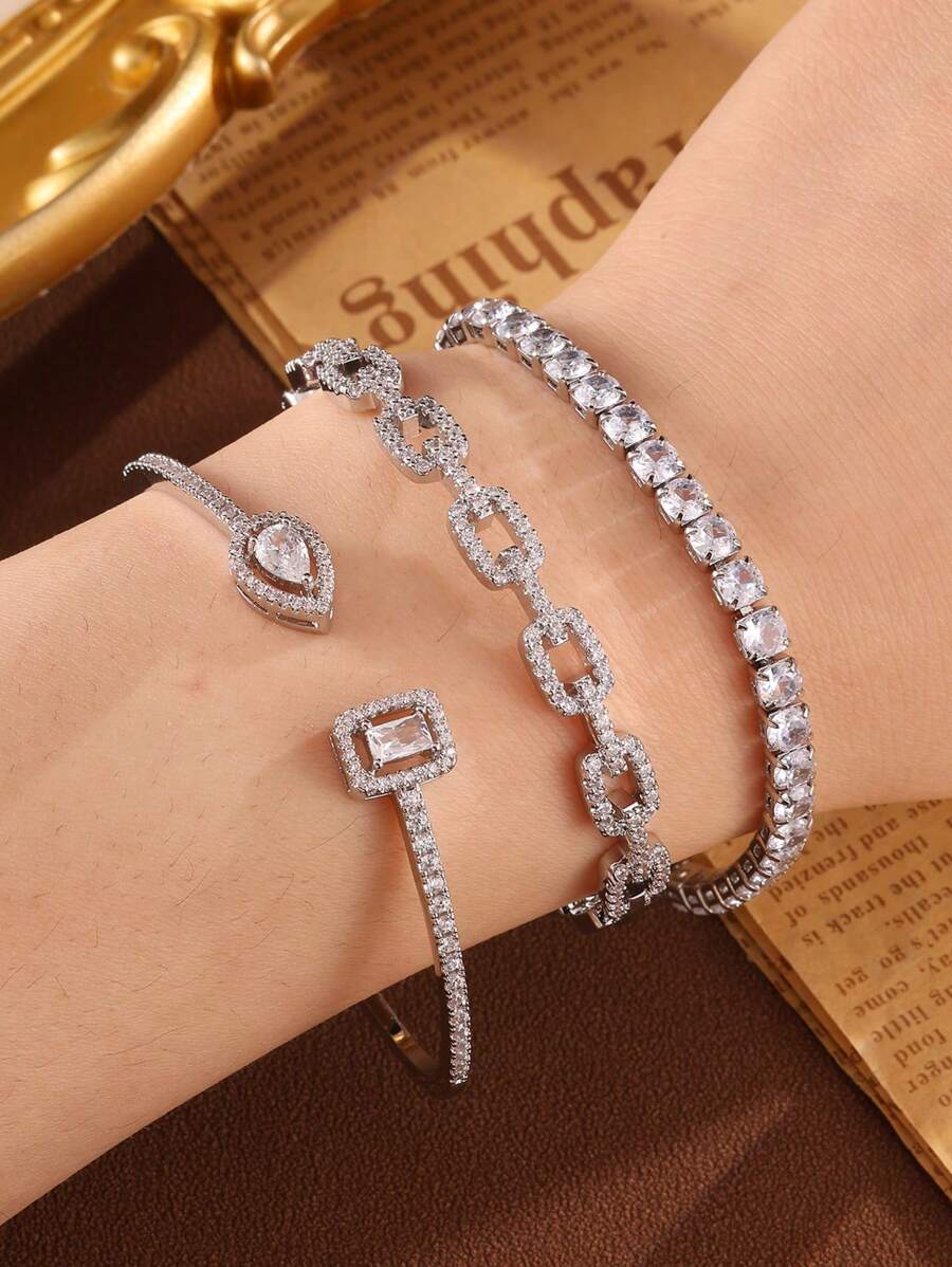 3pcs/Set Elegant & Fashion Women Jewelry Set With Hollow Cubic Zirconia Teardrop Pendant