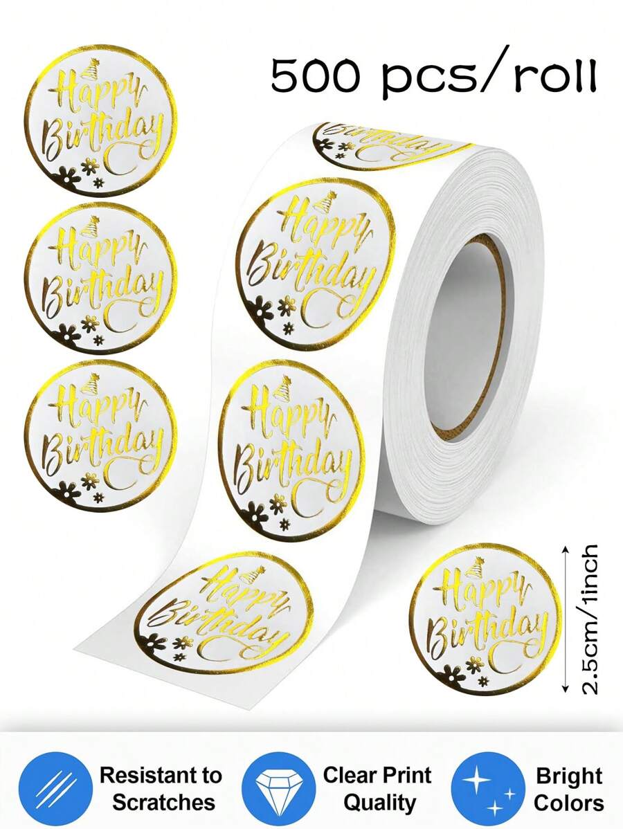 500 Piezas/Rollo Etiquetas adhesivas "Feliz Cumpleaños" de lámina, sellos para sobres de regalos, decoraciones de tartas, artículos escolares, de vuelta a la escuela